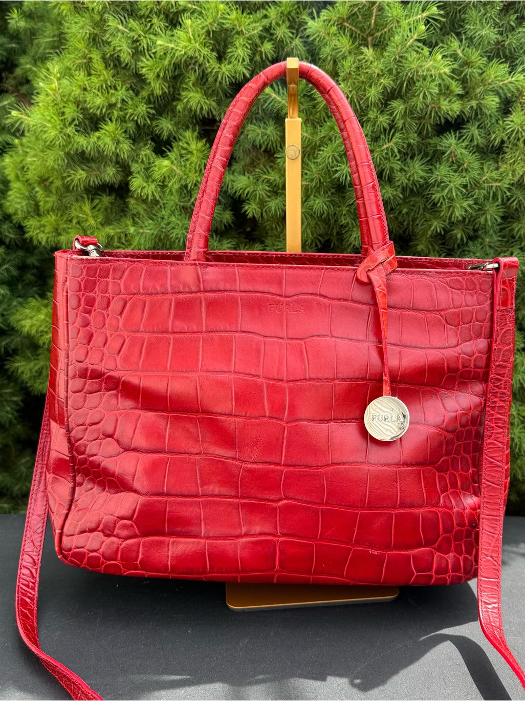 Furla Red Croc-Embossed Leather Tote With Branded Charm